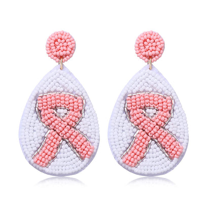 Beaded Handmade Pink Ribbon Teardrop Dangle Earrings